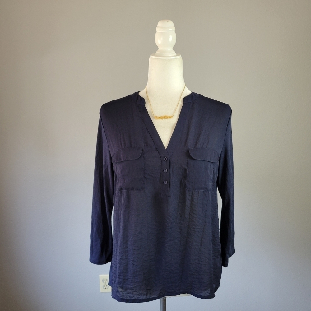 H&M // luxe white label super soft silky feel navy flap pockets vneck blouse top